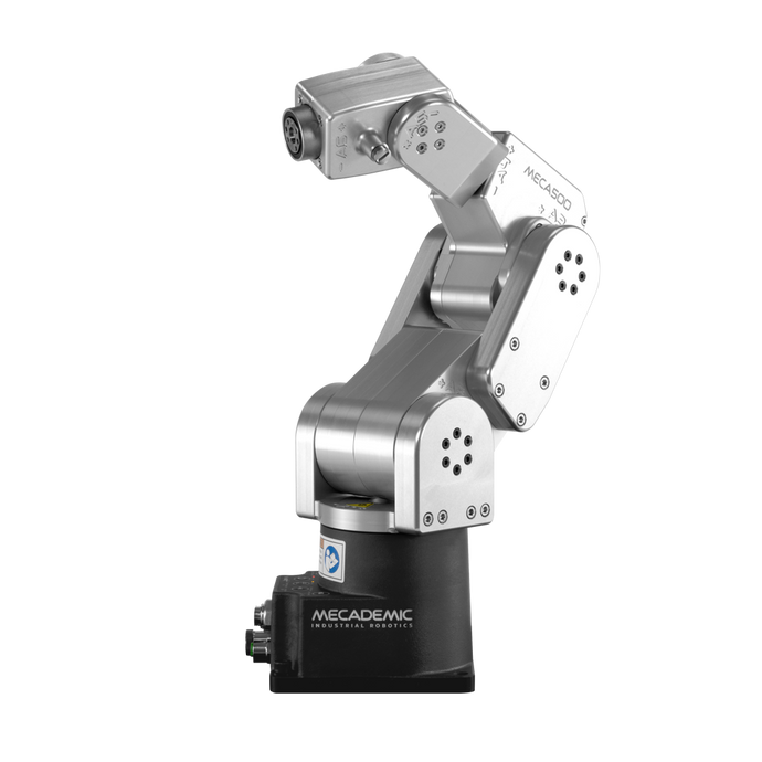 Le Meca500 de Mecademic est un bras robotisé industriel conçu pour les environnements où la précision, la fiabilité et le gain d’espace sont essentiels. Sa taille minuscule et son poids plume permettent de l’installer facilement sur un établi, dans un laboratoire ou au cœur d’une machine. Il intègre son propre contrôleur, ce qui simplifie l’installation et réduit l’encombrement.