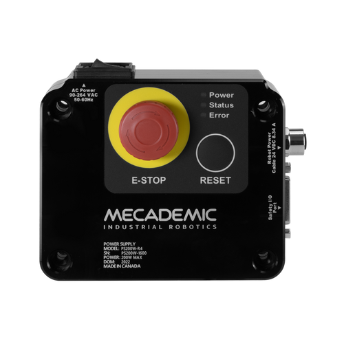 Le Mecademic - Meca500 fonctionne avec une alimentation en courant continu (DC), ce qui le rend compatible avec de nombreuses installations industrielles sans nécessiter de convertisseur complexe.