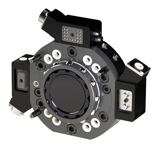 automatic tool changers -  electrical signals, weld and servo power, data, water and compressed air - Absolute positioning repeatability - manual quick tool changers - compactness robustness - Changeur d'outils compact et robuste - air contact eau bus