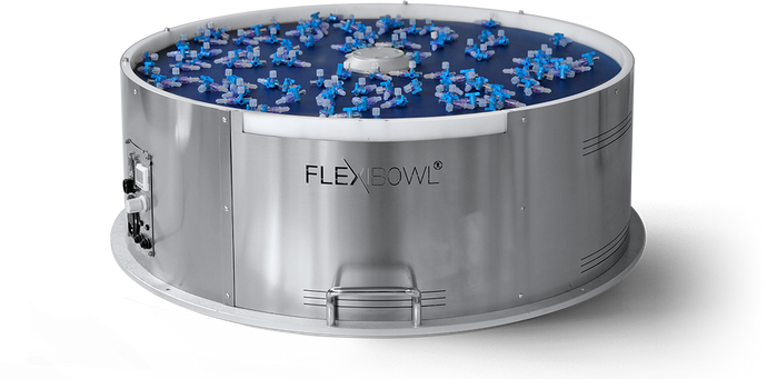 FlexiBowl allows the orientation and separation of components - Vision - flexible parts feeder that is compatible with every robot and vision system - vibrating bowl feeders - vision pour Bol vibrant  - parts feeders - feeder separating - ABB - Mecademic 